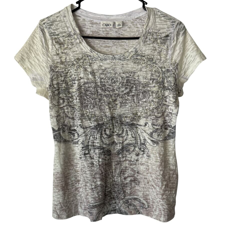 Cato Y2k‎ Tuscan Large White Gray Short Sleeve Rhinestone Grunge Top